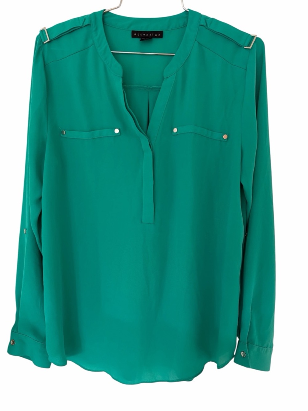 Attention Green Blouse Size Medium Roll Tab Sleeve V-Neck Work Office Top - Picture 5 of 7